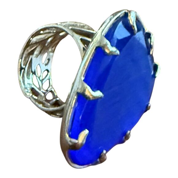 Kendra Scott Ring Jolie Cobalt Blue Cat’s Eye Sz 7 Gold Plated Leaf Filigree - Picture 3 of 5